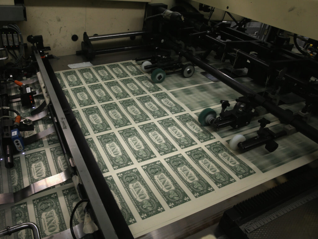 Sheets of $1 bills run through the printing press in 2015 at the U.S. Bureau of Engraving and Printing in Washington, D.C. National debt is expected to reach an all-time high of 107% of gross domestic product in 2023. Sheets of $1 bills run through the printing press in 2015 at the U.S. Bureau of Engraving and Printing in Washington, D.C. National debt is expected to reach an all-time high of 107% of gross domestic product in 2023.