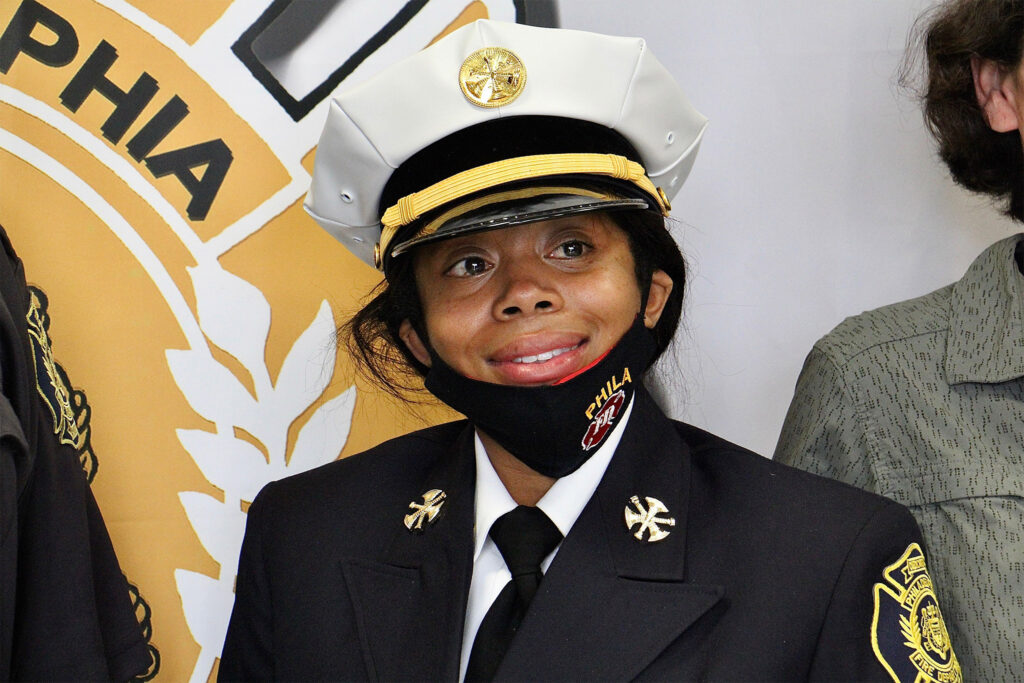 lisaforrest-firedept-battalionchief The Philadelphia Fire Department's first Black woman Battalion Chief Lisa Forrest, after her swearing in ceremony. (Emma Lee/WHYY)
