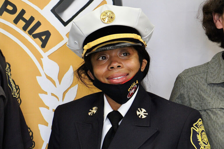 The Philadelphia Fire Department's first Black woman Battalion Chief Lisa Forrest, after her swearing in ceremony. (Emma Lee/WHYY)