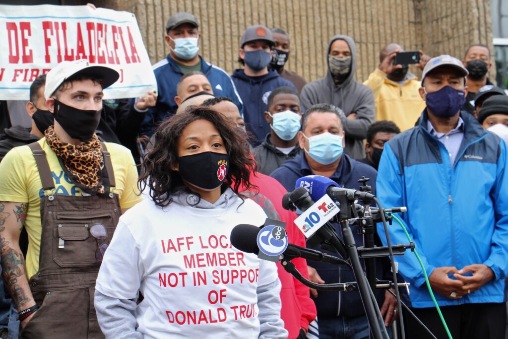 2020 10 02-lisa forrest-philadelphia-firefighters react to endorsement of donald trump Lisa Forrest, Philadelphia's Fire Department Battalion Chief, joins other members of the firefighters and paramedics union in denouncing the local's endorsement of Donald Trump and calling for a retraction. (Emma Lee/WHYY)