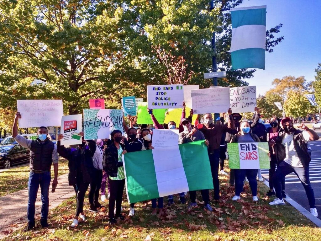 2020 10 17-provided-philadelphia ben franklin parkway-nigeria police brutality protest Philly Nigerian Professionals held a solidarity protest on Benjamin Franklin Parkway in Philadelphia on Oct. 17, 2020, to draw attention to ongoing extrajudicial killings in Nigeria. (Courtesy of Chioma Azi)