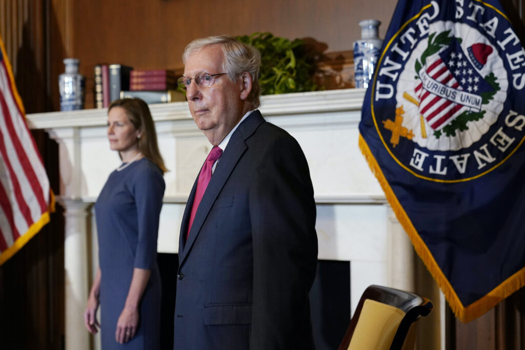 Mitch McConnell, Amy Coney Barrett Senate Majority Leader Mitch McConnell of Ky., meets with Supreme Court nominee Judge Amy Coney Barrett on Capitol Hill in Washington, Tuesday, Sept. 29, 2020. (AP Photo/Susan Walsh)