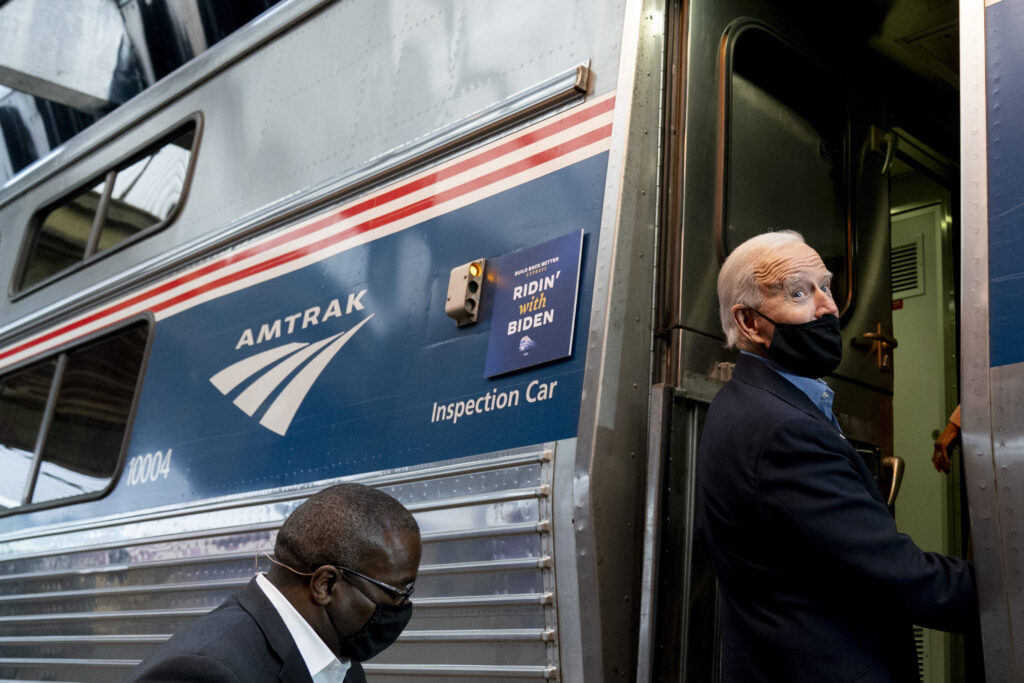Joe Biden Democratic presidential candidate former Vice President Joe Biden boards his train at Amtrak's Pittsburgh Train Station, Wednesday, Sept. 30, 2020, in Pittsburgh. Biden is on a train tour through Ohio and Pennsylvania today. (AP Photo/Andrew Harnik)