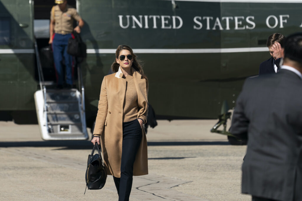 Hope Hicks Counselor to the President Hope Hicks walks from Marine One to accompany President Donald Trump aboard Air Force One as he departs Wednesday, Sept. 30, 2020, at Andrews Air Force Base, Md. (AP Photo/Alex Brandon)