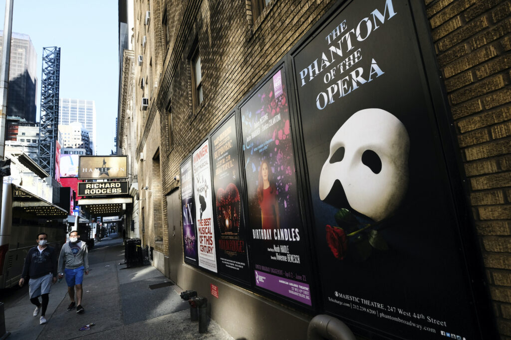 Broadway Broadway posters outside the Richard Rodgers Theatre in New York on May 13, 2020. (Photo by Evan Agostini/Invision/AP)