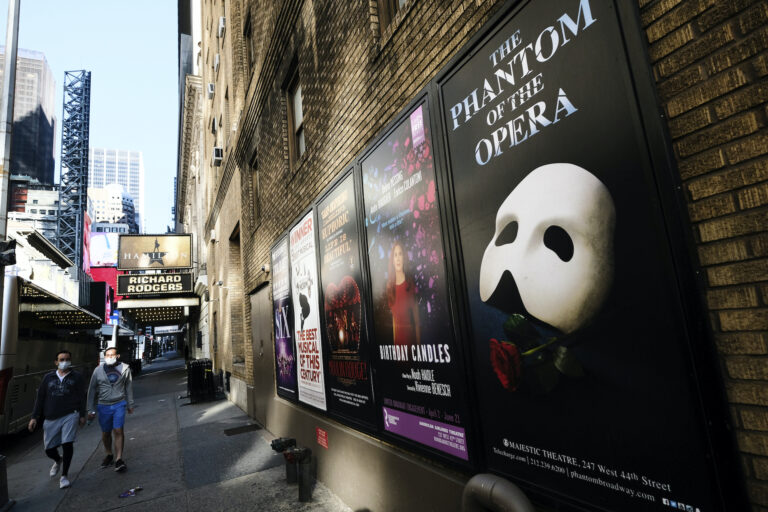 Broadway posters outside the Richard Rodgers Theatre in New York on May 13, 2020. (Photo by Evan Agostini/Invision/AP)