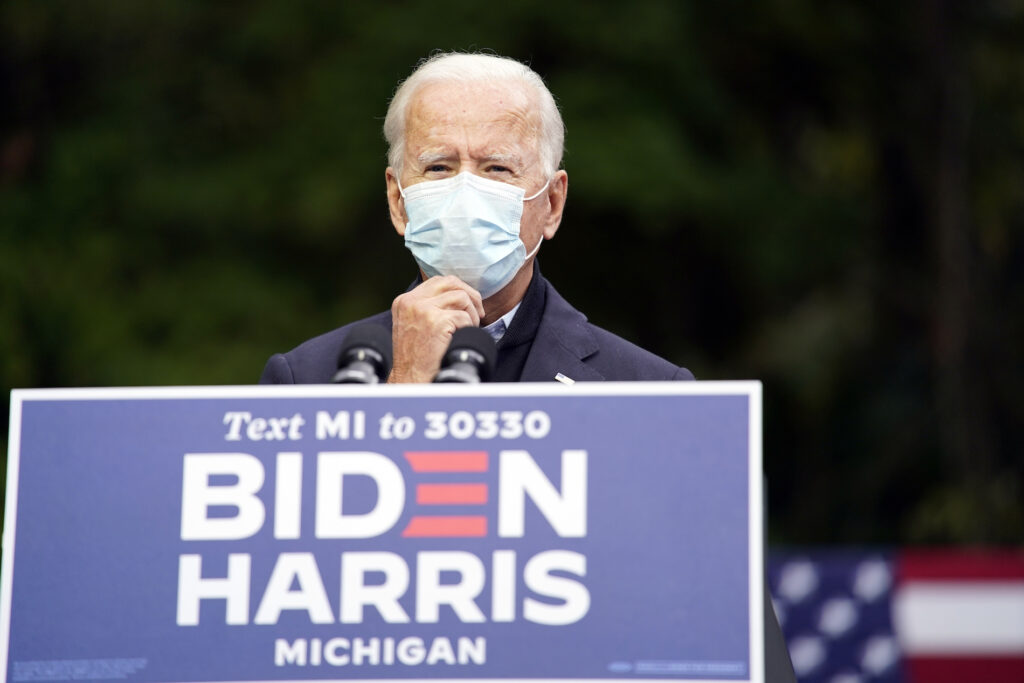 Joe Biden Democratic presidential candidate former Vice President Joe Biden speaks at United Food & Commercial Workers Union Local 951 in Grand Rapids, Mich., Friday, Oct. 2, 2020. (AP Photo/Andrew Harnik)