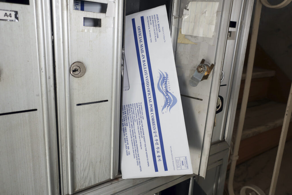 ELECTION 2020 NEW JERSEY MAIL IN BALLOT VOTING A mail ballot is positioned in a mailbox