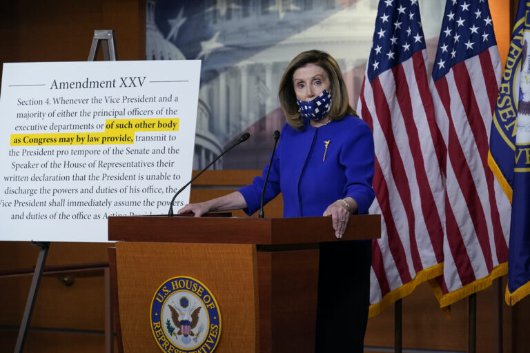 Speaker of the House Nancy Pelosi, D-Calif., questions President Donald Trump's fitness to serve following his hospitalization for COVID-19, during a news conference at the Capitol in Washington, Friday, Oct. 9, 2020. (AP Photo/J. Scott Applewhite)