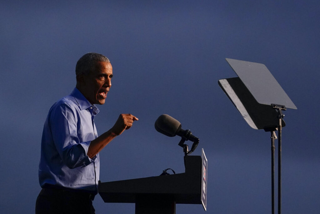 Barack Obama Former President Barack Obama speaks at Citizens Bank Park as he campaigns for Democratic presidential candidate former Vice President Joe Biden, Wednesday, Oct. 21, 2020, in Philadelphia. (AP Photo/ Matt Slocum)