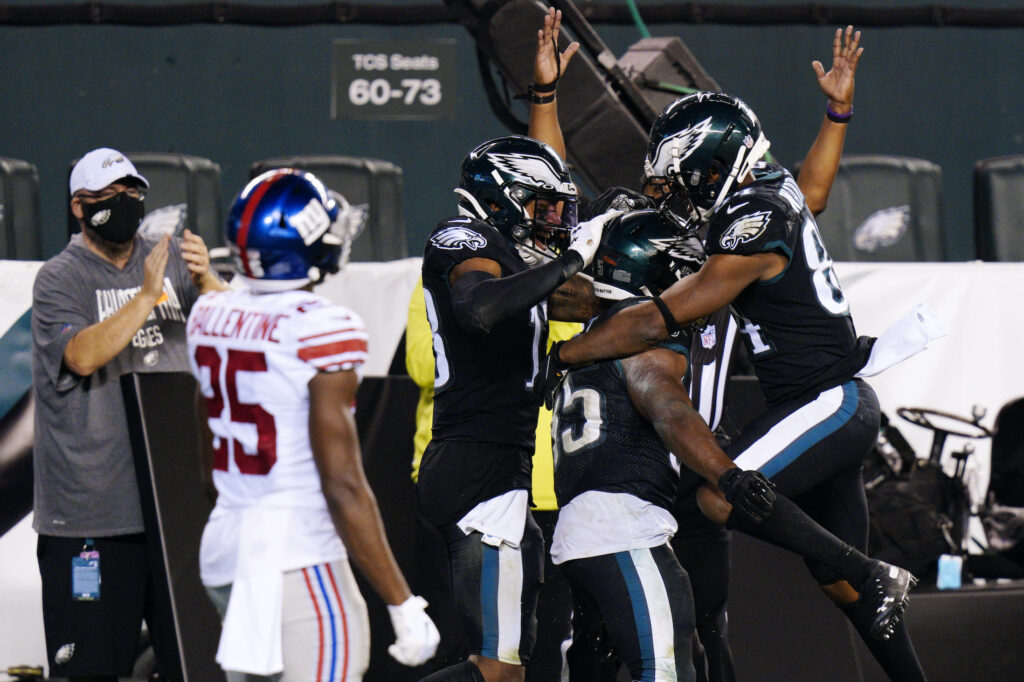 Giants Eagles Football Philadelphia Eagles players celebrate after a touchdown by Boston Scott during the second half of an NFL football game against the New York Giants, Thursday, Oct. 22, 2020, in Philadelphia