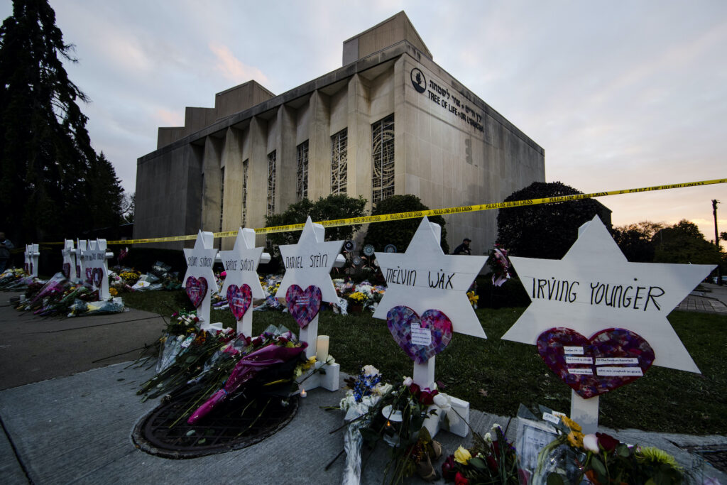 Tree Of Life Synagogue In this Oct. 29, 2018 file photo, a makeshift memorial stands outside the Tree of Life Synagogue in the aftermath of a deadly shooting at the in Pittsburgh. (AP Photo/Matt Rourke)