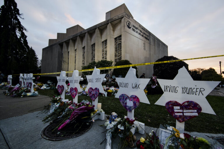 In this Oct. 29, 2018 file photo, a makeshift memorial stands outside the Tree of Life Synagogue in the aftermath of a deadly shooting at the in Pittsburgh.  (AP Photo/Matt Rourke)