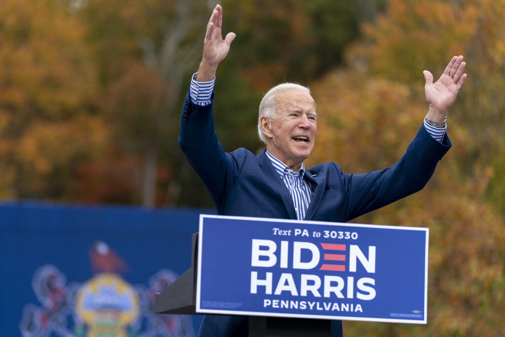 Joe Biden Democratic presidential candidate former Vice President Joe Biden speaks at a drive-in campaign stop at Bucks County Community College in Bristol, Pa., Saturday, Oct. 24, 2020. (AP Photo/Andrew Harnik)