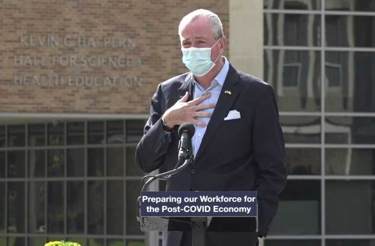 In this Oct. 21, 2020, file photo, taken from video provided by the New Jersey Governor's Office, New Jerrsey Gov. Phil Murphy tells attendees at an event in Blackwood, N.J., that he must leave the event to quarantine after just finding out that he'd been in contact with someone who had tested positive for COVID-19.  (New Jersey Office of the Governor via AP)