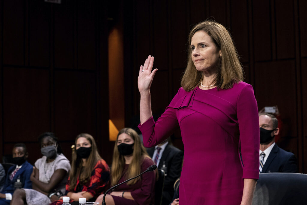 Supreme Court nominee Amy Coney Barrett Supreme Court nominee Amy Coney Barrett is sworn in during her Senate Judiciary Committee confirmation hearing