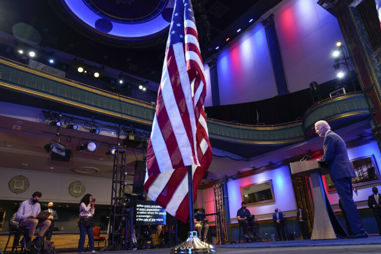 Joe Biden gives a speech at The Queen Theater