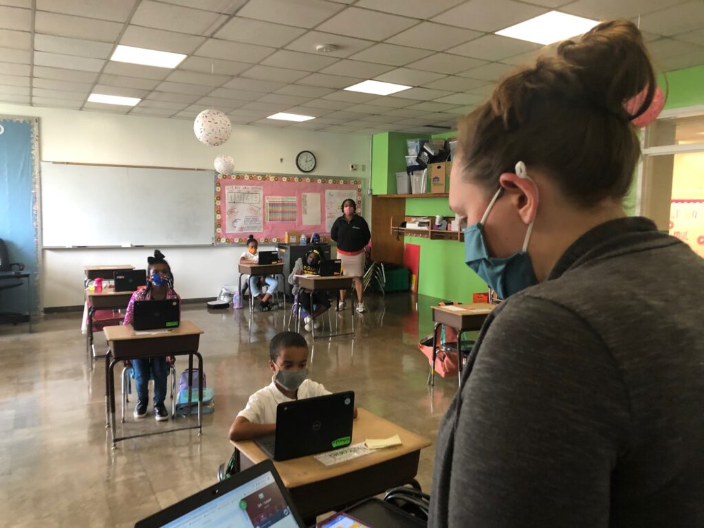 IMG_0377 Jordan Collings teaches her EastSide Charter third-graders who are in the classroom as well as at home. (Cris Barrish/WHYY)