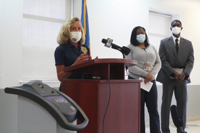 DOC Commissioner Claire DeMatteis talks about the state's effort to fight both COVID-19 and the flu in the Delaware's prisons over the next few months. (Mark Eichmann/WHYY)