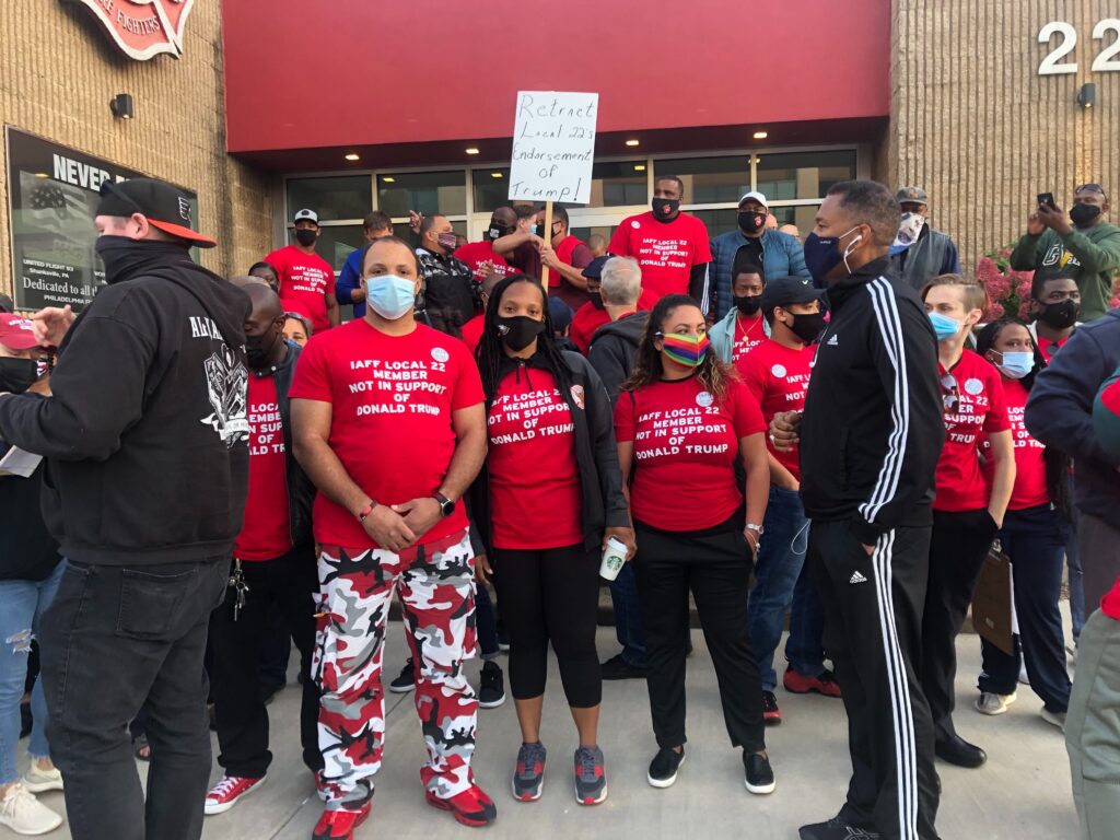 Image from iOS IAFF 22 Firefighters and EMTs protest their union's endorsement of Trump without their knowledge or consent. (Robby Brod /WHYY)