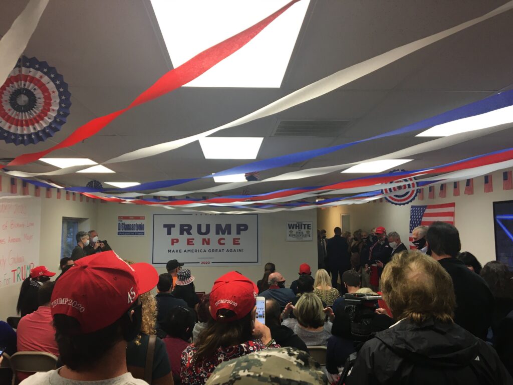 Image from iOS (11) Dozens of Trump supporters packed into a cramped conference room to hear Rudy Giuliani's Columbus Day remarks in Philadelphia. (Katie Meyer / WHYY)
