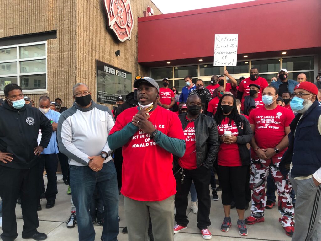 Image from iOS (2) Deputy Fire Chief Anthony Hudgins calls for the resignation of IAFF 22 union president Michael Bresnan. (Robby Brod / WHYY)