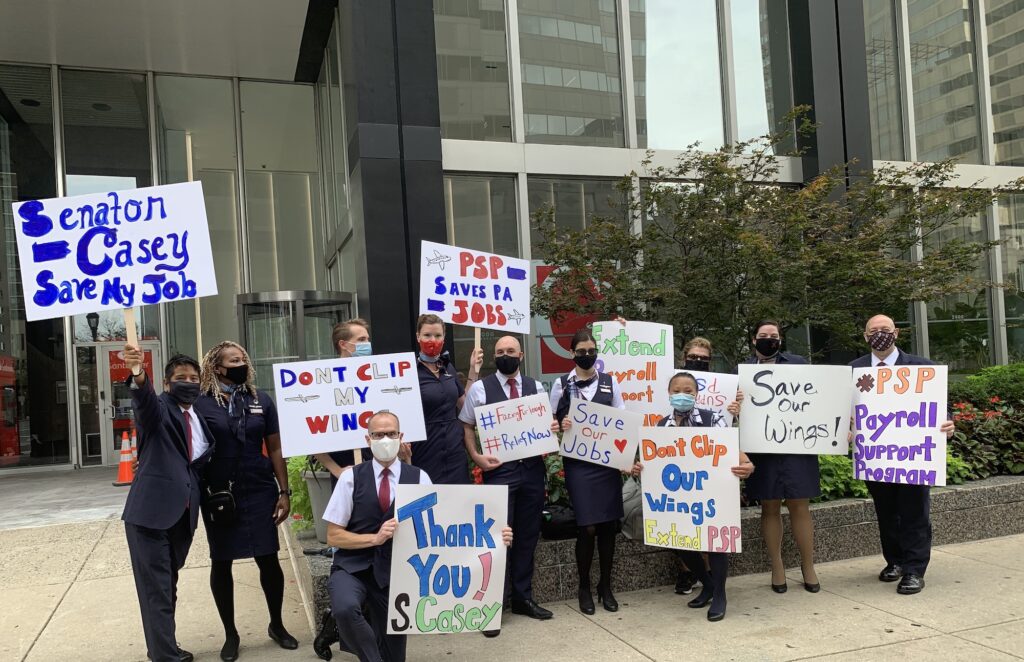 PHL-5 Airline workers held a rally outside Sen. Bob Casey’s office to raise visibility for impending furloughs earlier this year. (Courtesy of Paul Hartshorn, Jr.)