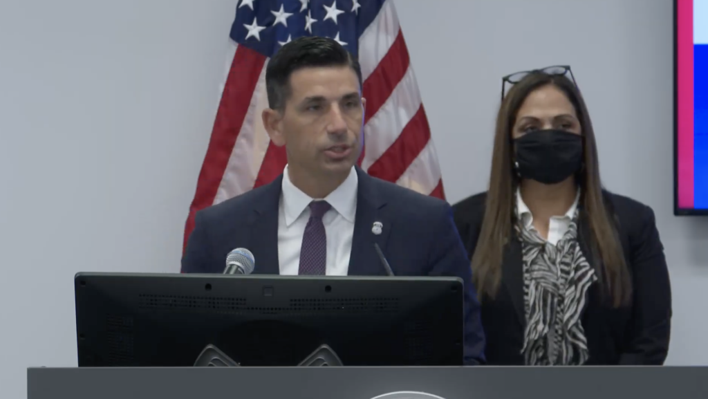 Screen Shot 2020-10-16 at 10.35.26 AM From left, Acting Homeland Security Secretary Chad Wolf and Philadelphia ICE field office director Simona Flores-Lund speak during a press conference on Oct. 16, 2020. (Screenshot)
