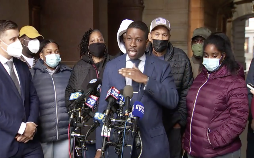 Screen Shot 2020-10-29 at 4.15.41 PM Shaka Johnson, center, lawyer for Walter Wallace Jr.'s family, speaks during a press conference on Oct. 29, 2020. (Screenshot)