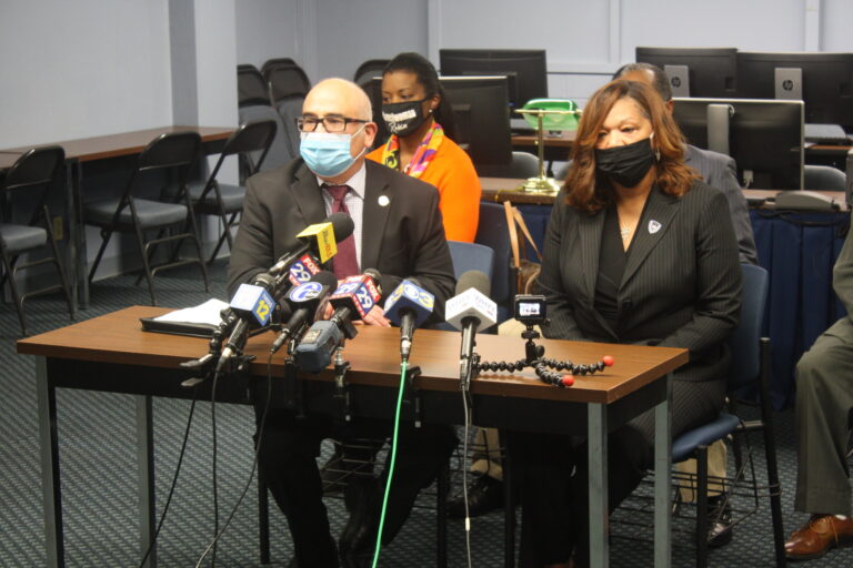 Trenton Mayor Reed Gusciora and Police Director Sheilah Coley speak to reporters in the wake of Tuesday's double homicide