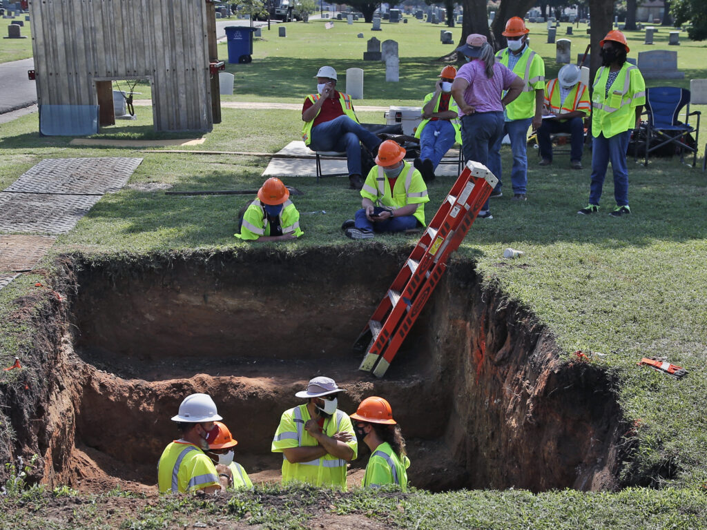A second excavation is planned in Tulsa, Okla., this week to unearth potential unmarked mass graves from a race massacre in 1921. In July, researchers began excavation at Oaklawn Cemetery, shown here. They found no evidence of human remains at that particular excavation site. A second excavation is planned in Tulsa, Okla., this week to unearth potential unmarked mass graves from a race massacre in 1921. In July, researchers began excavation at Oaklawn Cemetery, shown here. They found no evidence of human remains at that particular excavation site. (Sue Ogrocki/AP)
