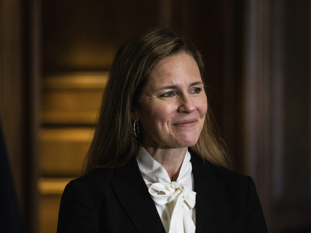 Judge Amy Coney Barrett, President Donald Trump's nominee for the U.S. Supreme Court, meets with Sen. Deb Fischer, R-Neb., on Capitol Hill ahead of her confirmation hearings. (Graeme Jennings/AP)
