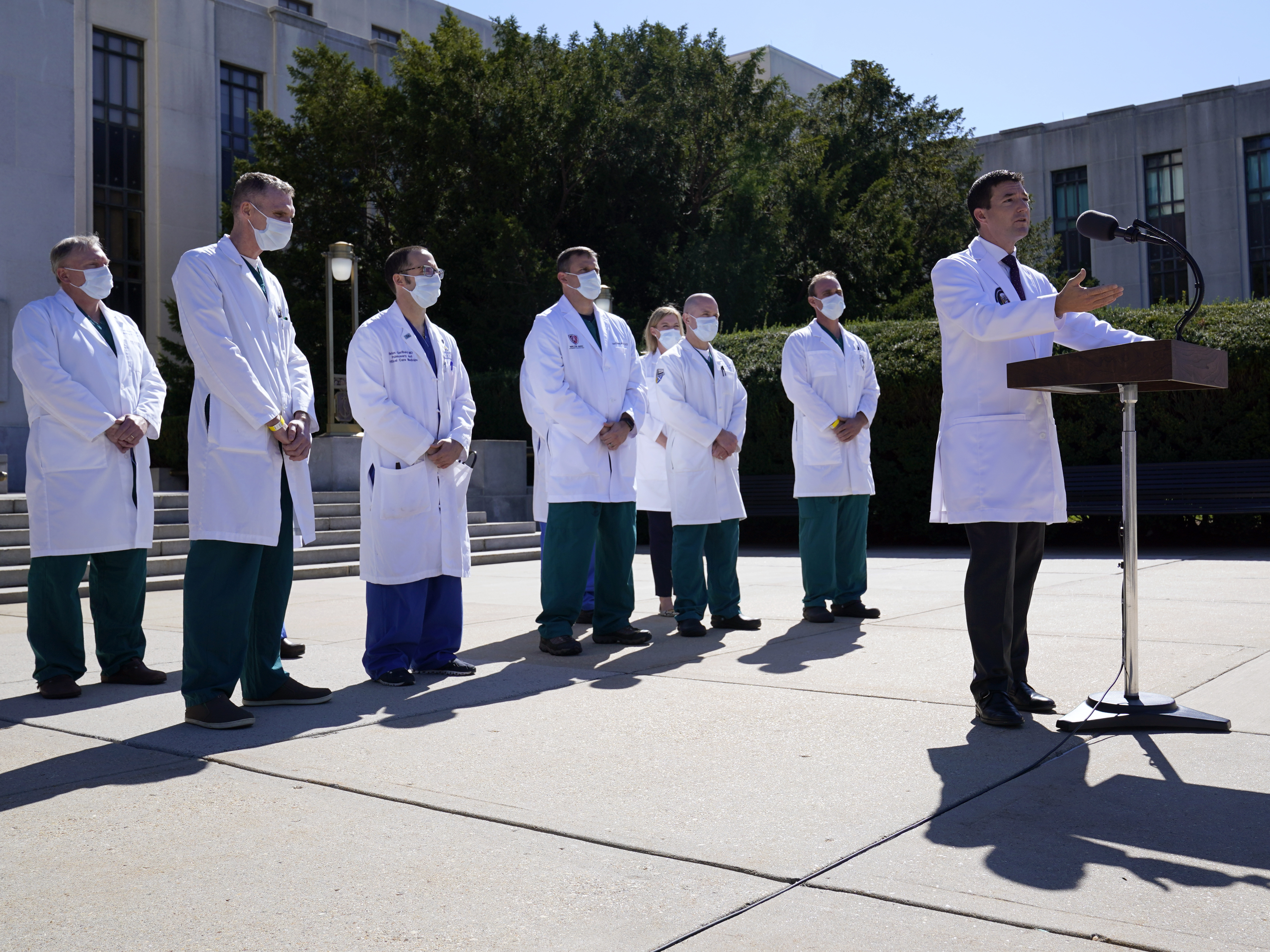 Dr. Sean Conley, physician to President Trump, briefs reporters at Walter Reed National Military Medical Center.