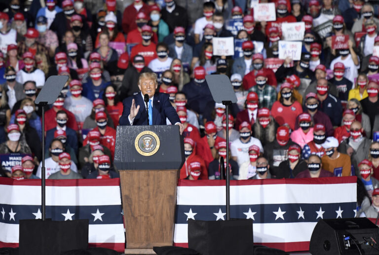 President Donald Trump speaks during a campaign rally at Harrisburg International Airport, Saturday, Sept. 26, 2020, in Middletown, Pa. (AP Photo/Steve Ruark)