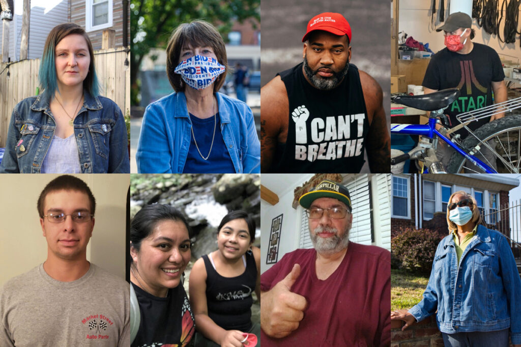 election collage Pennsylvanians (clockwise from top left) Melissa Durko, Marty Wilder, Jamari Davis, Mike Otto, Val Dejesus, Roy Staley, Gabriela Pedroza Sanchez, and Wyatt Schriver, share their hopes and frustrations about the presidential election. (WHYY photographers and provided photos)