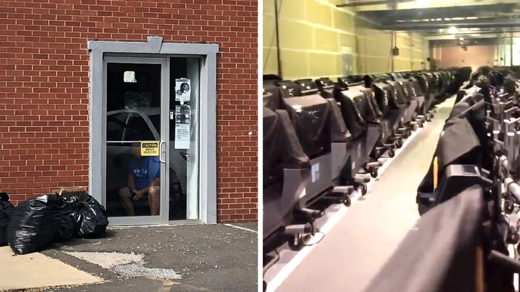 electionwarehouse A security guard sitting by the East Falls election warehouse door; voting machines in the warehouse.