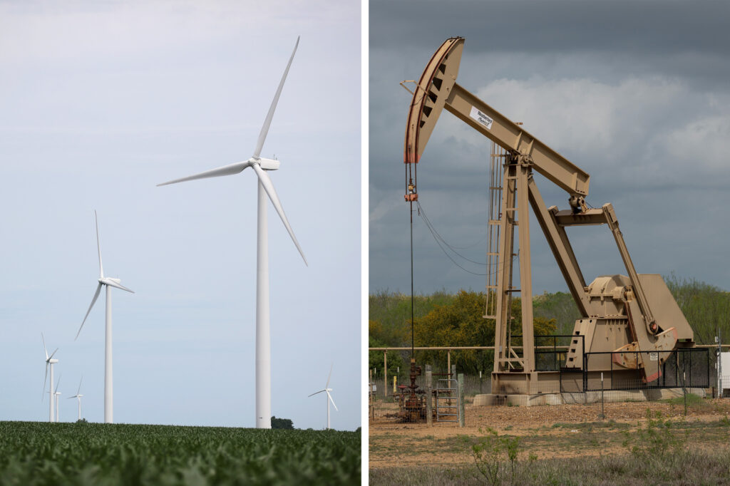 Wind turbines near Dwight, Ill. and a pump jack in Cotulla, Texas. The presidential candidates have opposing views on the future of U.S. energy. Wind turbines near Dwight, Ill. and a pump jack in Cotulla, Texas.