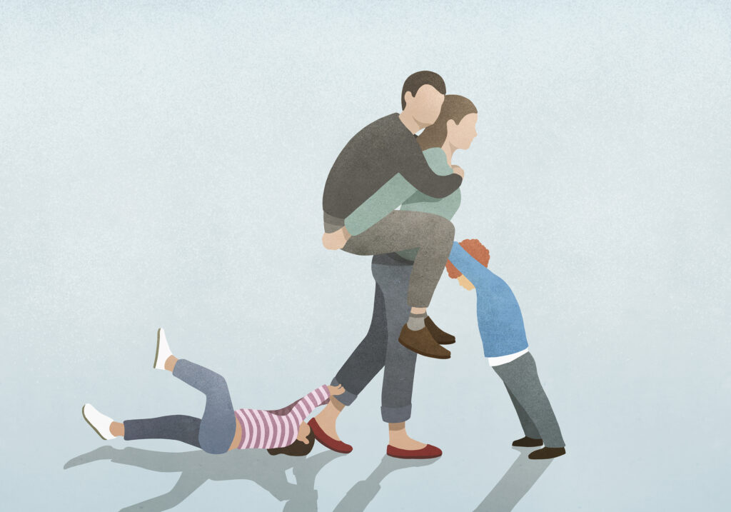 The number of women in the workforce overtook men for a brief period earlier this year. But the uncomfortable truth is that in their homes, women are still fitting into stereotypical roles of doing the bulk of cooking, cleaning and parenting. It’s another form of systemic inequality within a 21st century home that the pandemic is laying bare. Illustration of mother holding father while two children vie for her attention