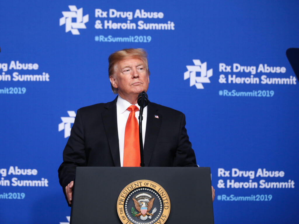 President Donald Trump speaks at the Rx Drug Abuse & Heroin Summit on April 24, 2019 in Atlanta. President Trump declared the opioid crisis a public health emergency. President Donald Trump speaks at the Rx Drug Abuse & Heroin Summit