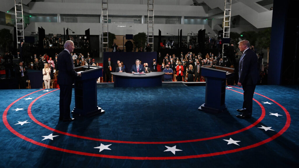 President Donald Trump and former Vice President Joe Biden participate in the first presidential debate on Sept. 29. The Debate Commission has established new rules for Thursday’s debate, including plans to mute a candidate’s mic when the other is giving an opening statement. President Donald Trump and former Vice President Joe Biden participate in the first presidential debate