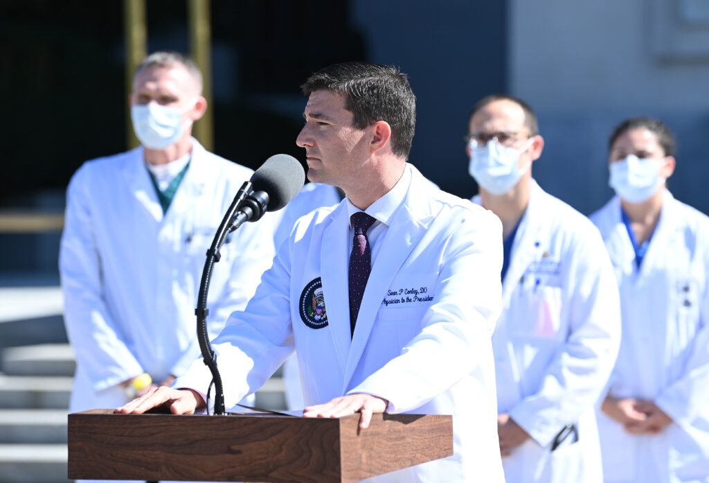 White House physician Sean Conley briefs the press on Saturday on the condition of President Trump, who was hospitalized the evening before because of the coronavirus. White House physician Sean Conley briefs the press on Saturday on the condition of President Trump, who was hospitalized the evening before because of the coronavirus.