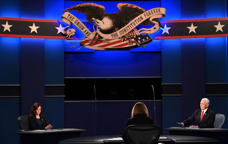 Vice President Mike Pence speaks during the vice presidential debate with Democratic vice presidential nominee Sen. Kamala Harris, D-Calif., at the University of Utah in Salt Lake City on Wednesday.
