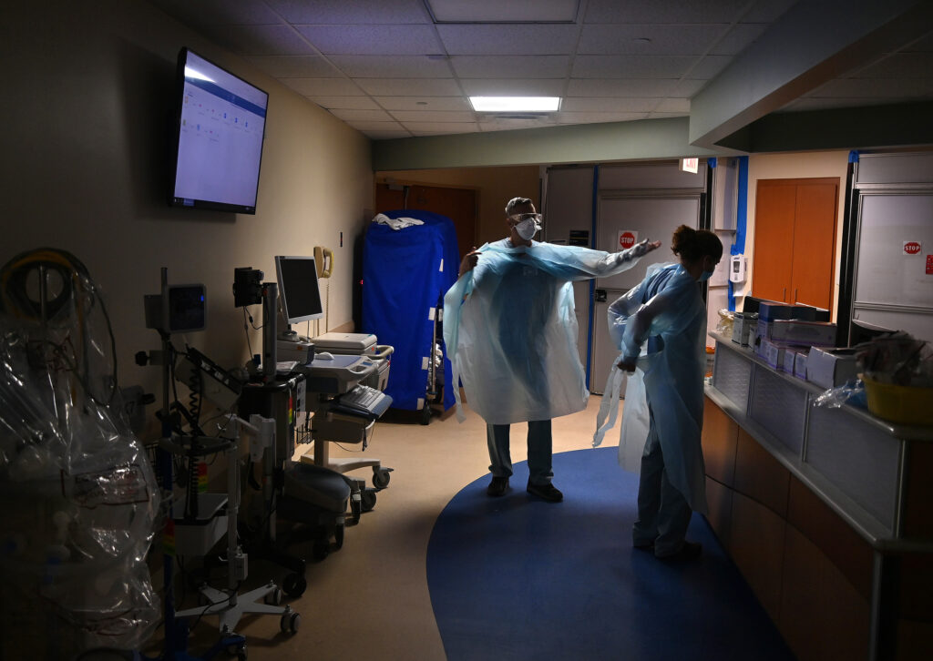 The ICU at Tampa General Hospital in Tampa, Fla., was 99% full this week, according to an internal report produced by the federal government. It's among numerous hospitals the report highlighted with ICUs filled to over 90% capacity. (Michael S. Williamson/The Washington Post via Getty Images)