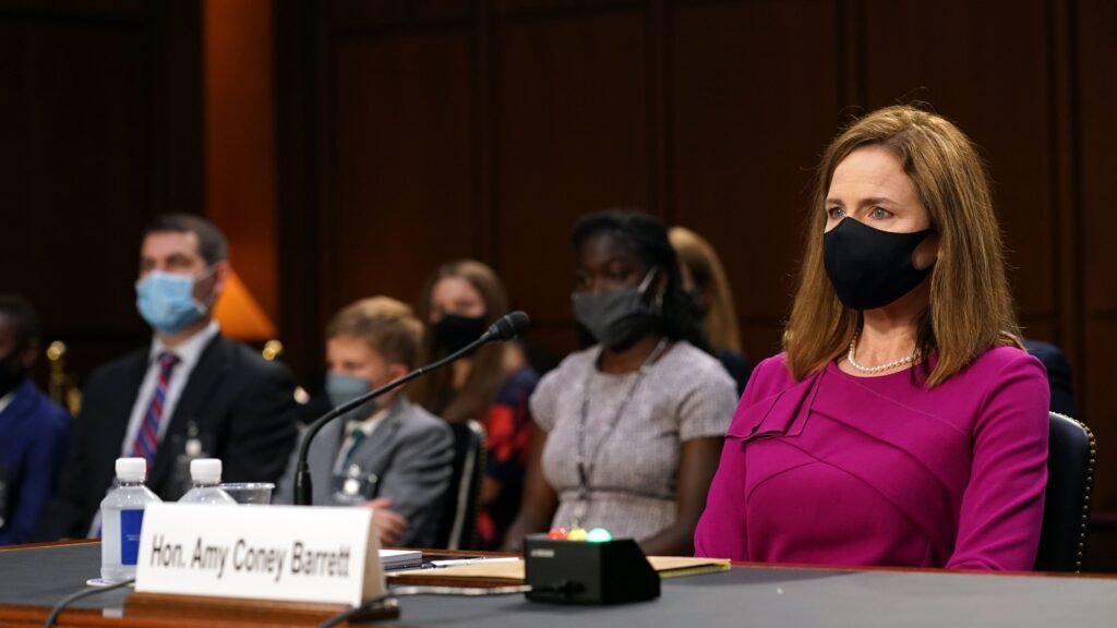 Judge Amy Coney Barrett, President Trump’s Supreme Court nominee, attends the first day of her Senate confirmation hearing on Capitol Hill on Monday. Judge Amy Coney Barrett, President Donald Trumps Supreme Court nominee, during the first day of her Senate confirmation hearing