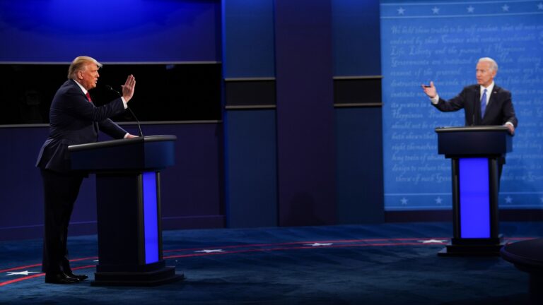 President Trump, left, and former Vice President Joe Biden met for the last presidential debate at Belmont University in Nashville, Tenn. For the most part, it was a civil night. (Brendan Smialowski/AFP via Getty Images)