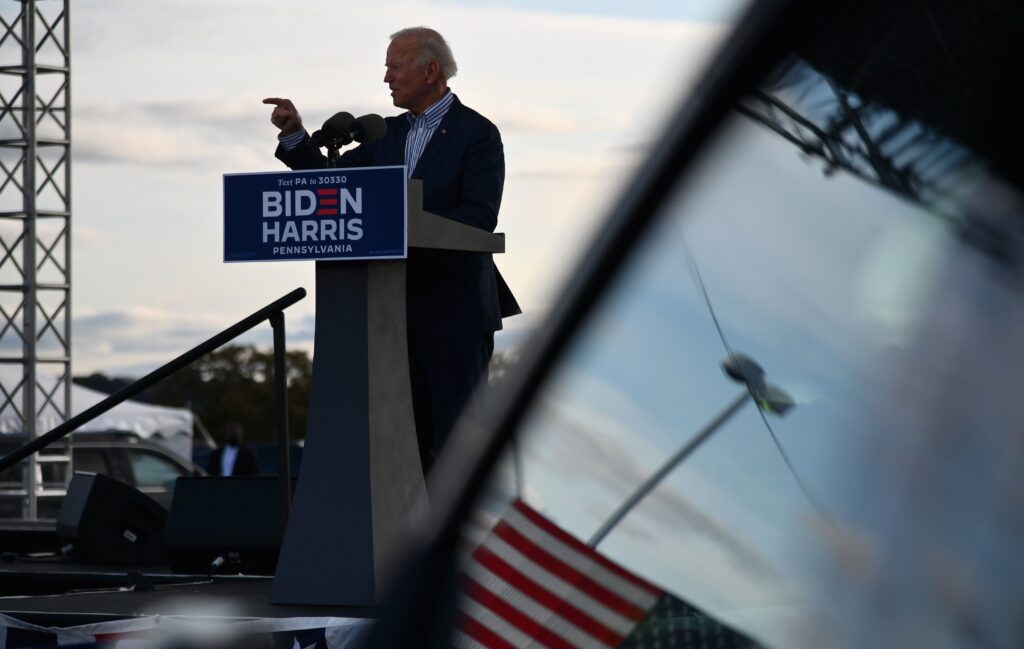 Democratic presidential nominee Joe Biden speaks at a drive-in rally at Dallas High School in Dallas, Pa., on Saturday. Pennsylvania is a crucial state, with both Biden and President Trump having visited in recent days. Democratic presidential nominee Joe Biden speaks at a drive-in rally