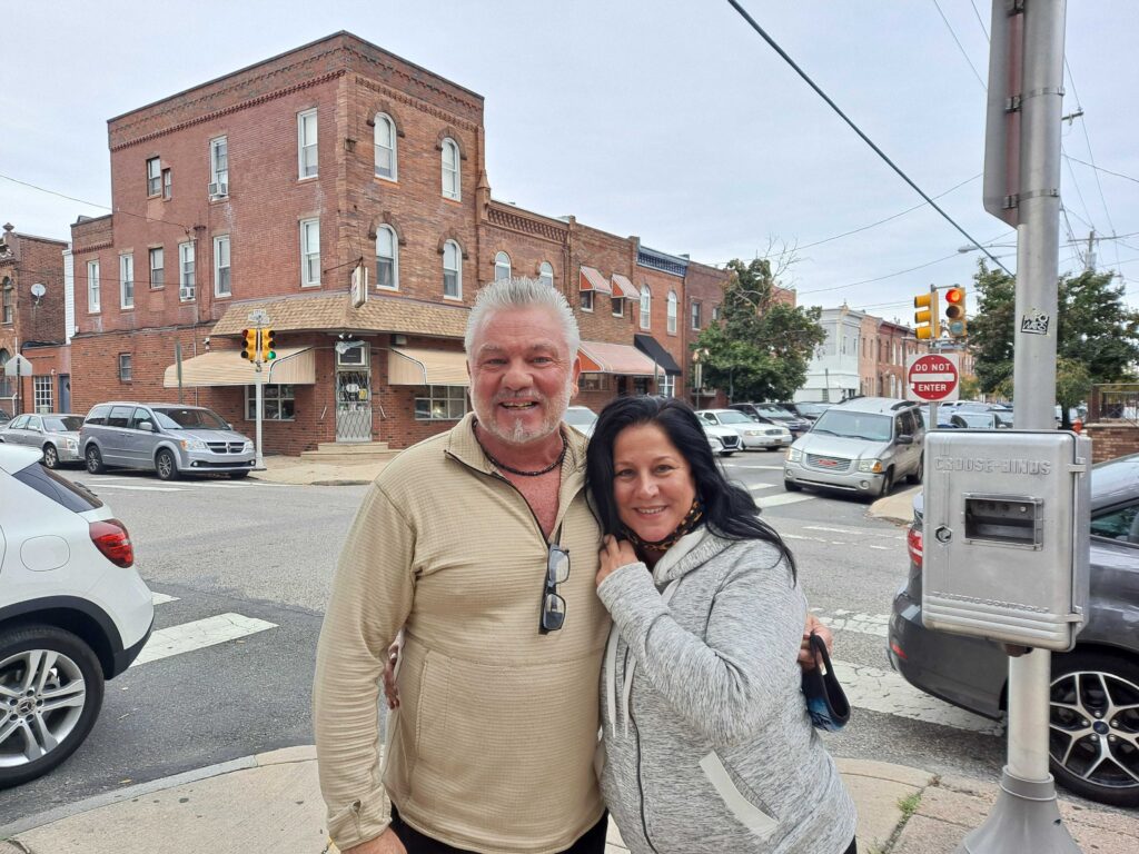 Patrick Grubb and Ramona Pellerito outside Saint Monica Parish in South Philly