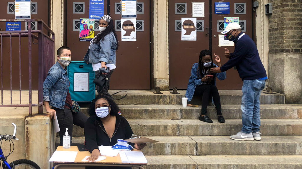 Outside the satellite voting center at Jules E. Mastbaum School in Kensington. (Max Marin/Billy Penn)