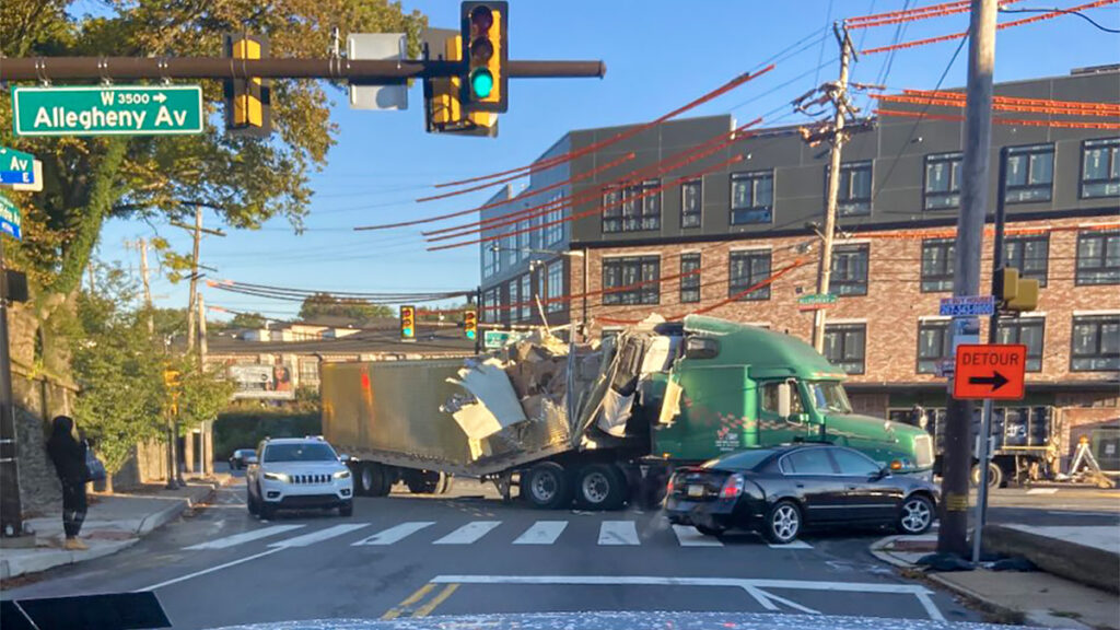 trucktrailer-crash After hitting an overpass on Kelly Drive, the damaged truck was spotted up on Allegheny Avenue