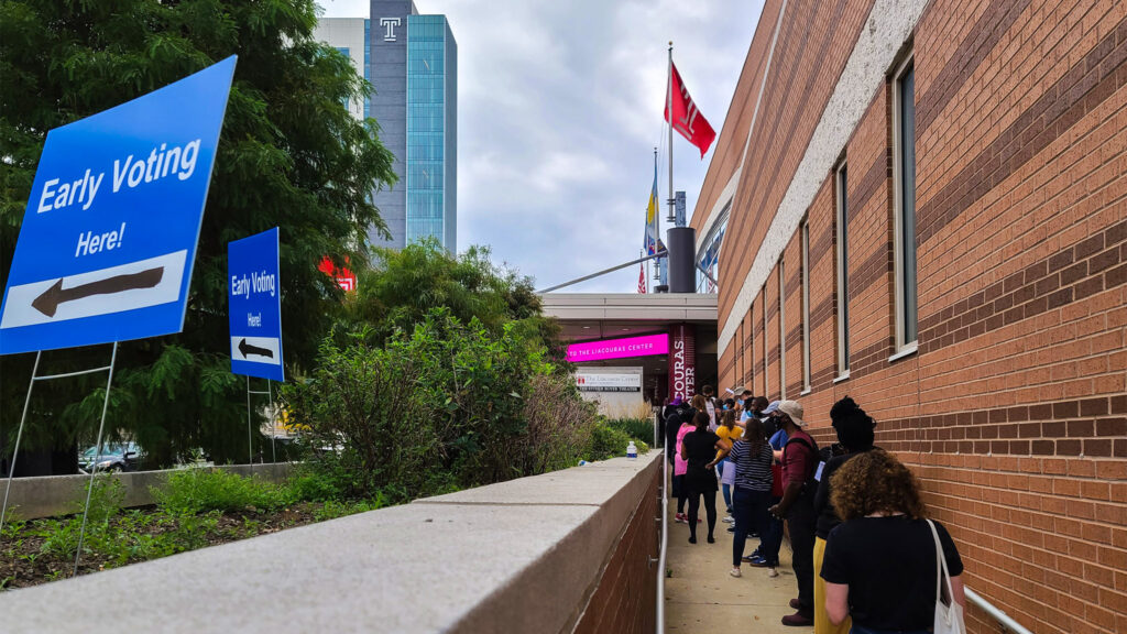 voters-satelliteoffice-liacouras Voters in line at the Liacouras Center satellite election office in late October